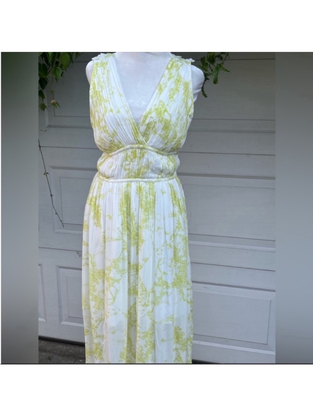 Women All Saints Avery Marama Maxi Dress Citrus Yellow Green Toile Pattern 8NWT